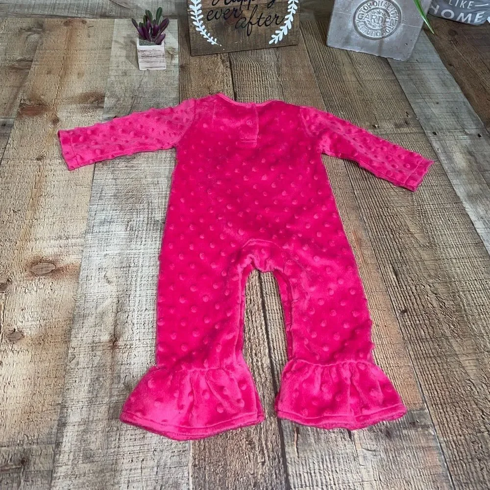 💜 Mud Pie Pink Minky Owl Romper Ruffled Hem and Neckline Size 0-6 M